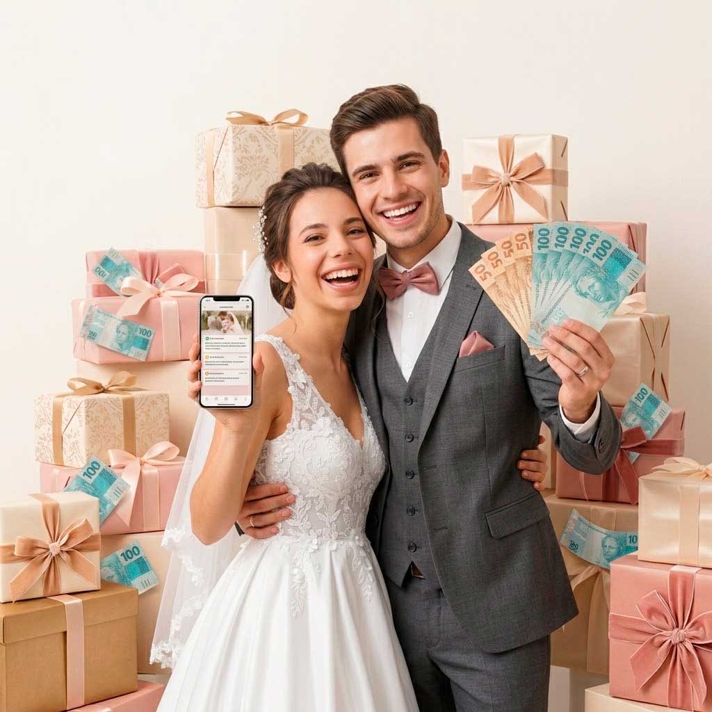 Casal celebrando os presentes recebidos pela lista de casamento