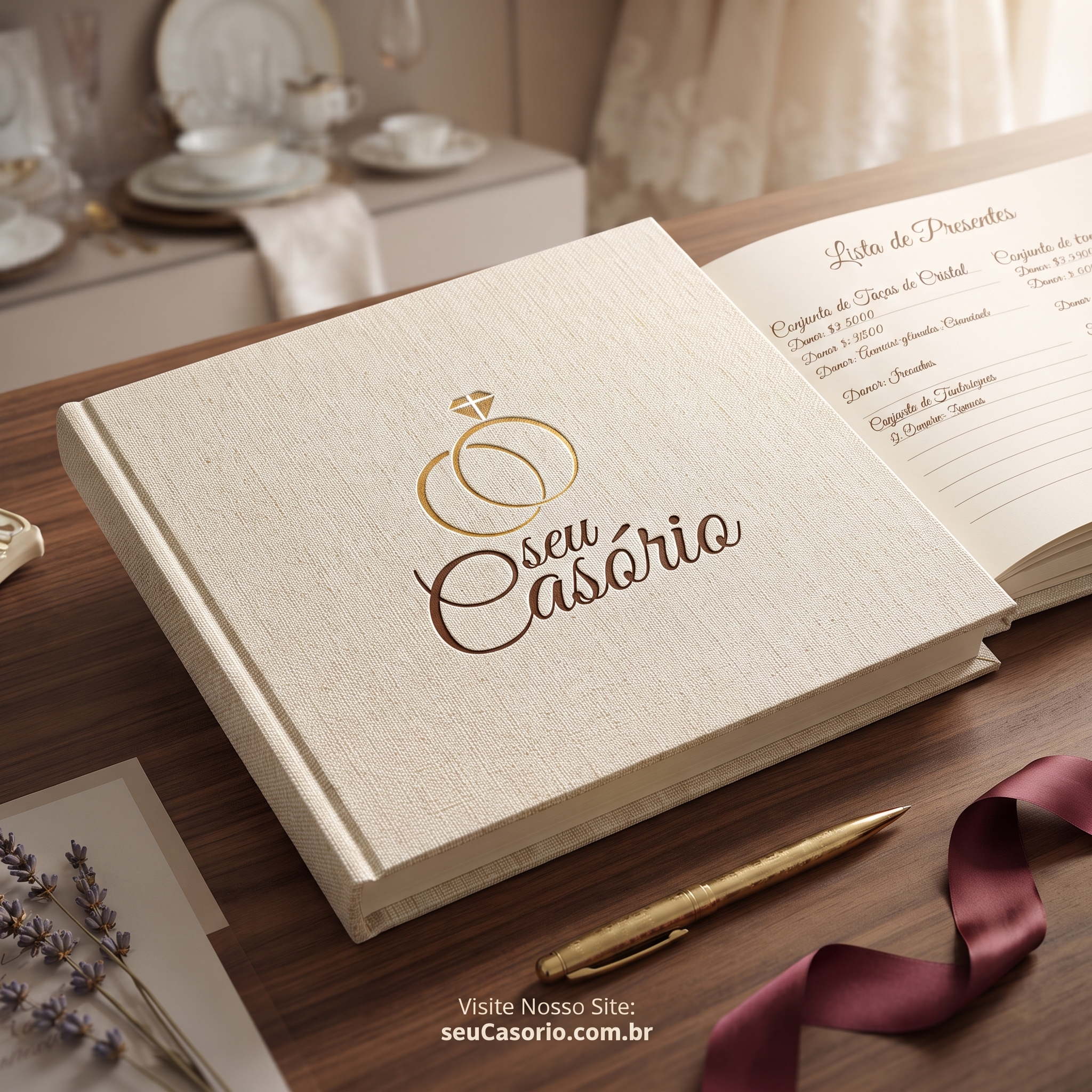 Álbum personalizado do seuCasório ao lado de uma lista de presentes de casamento